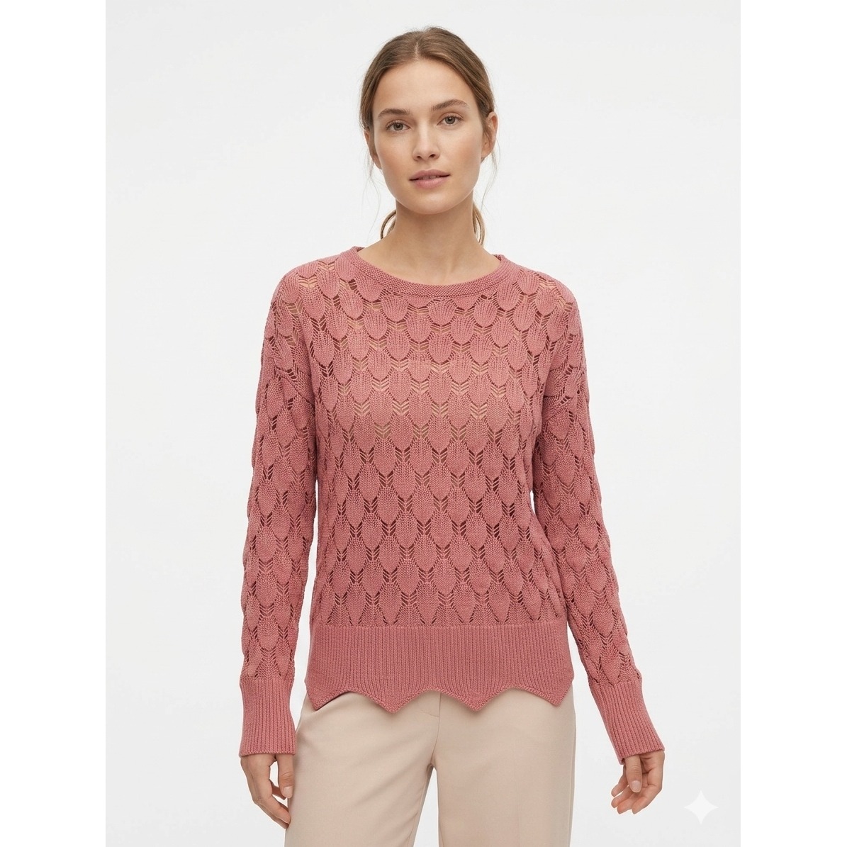 Cottagecore Fairy Ethereal Festival Leaf Knit Scalloped Hem Dusty Rose Pullover